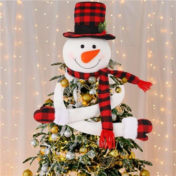 Large Plush Snowman Tree Topper - Red & Black Plaid Hat & Scarf - Picture 1 of 7
